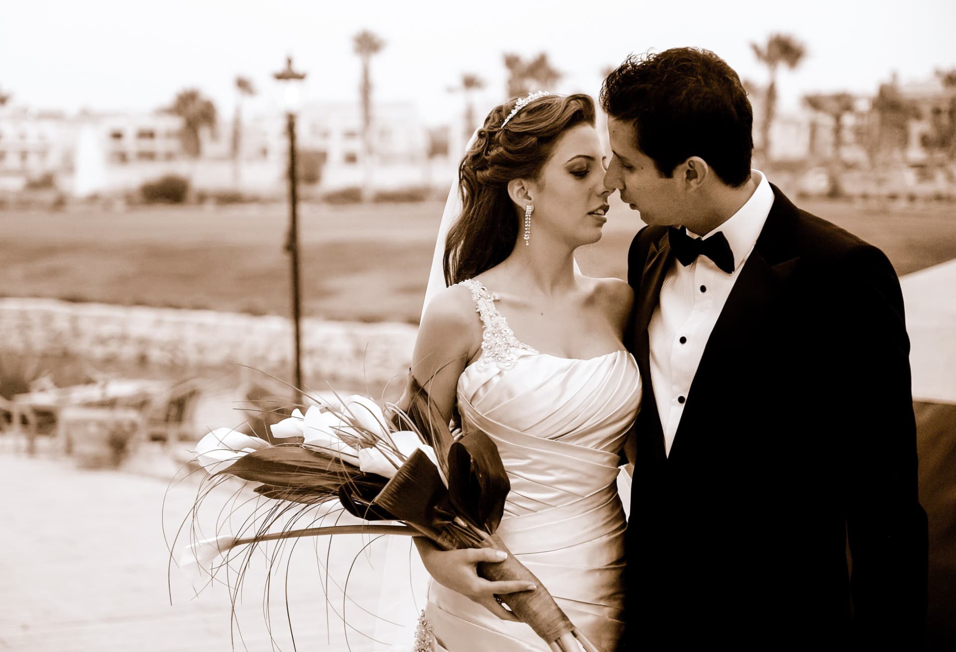 Couple standing on a lawn at sunset