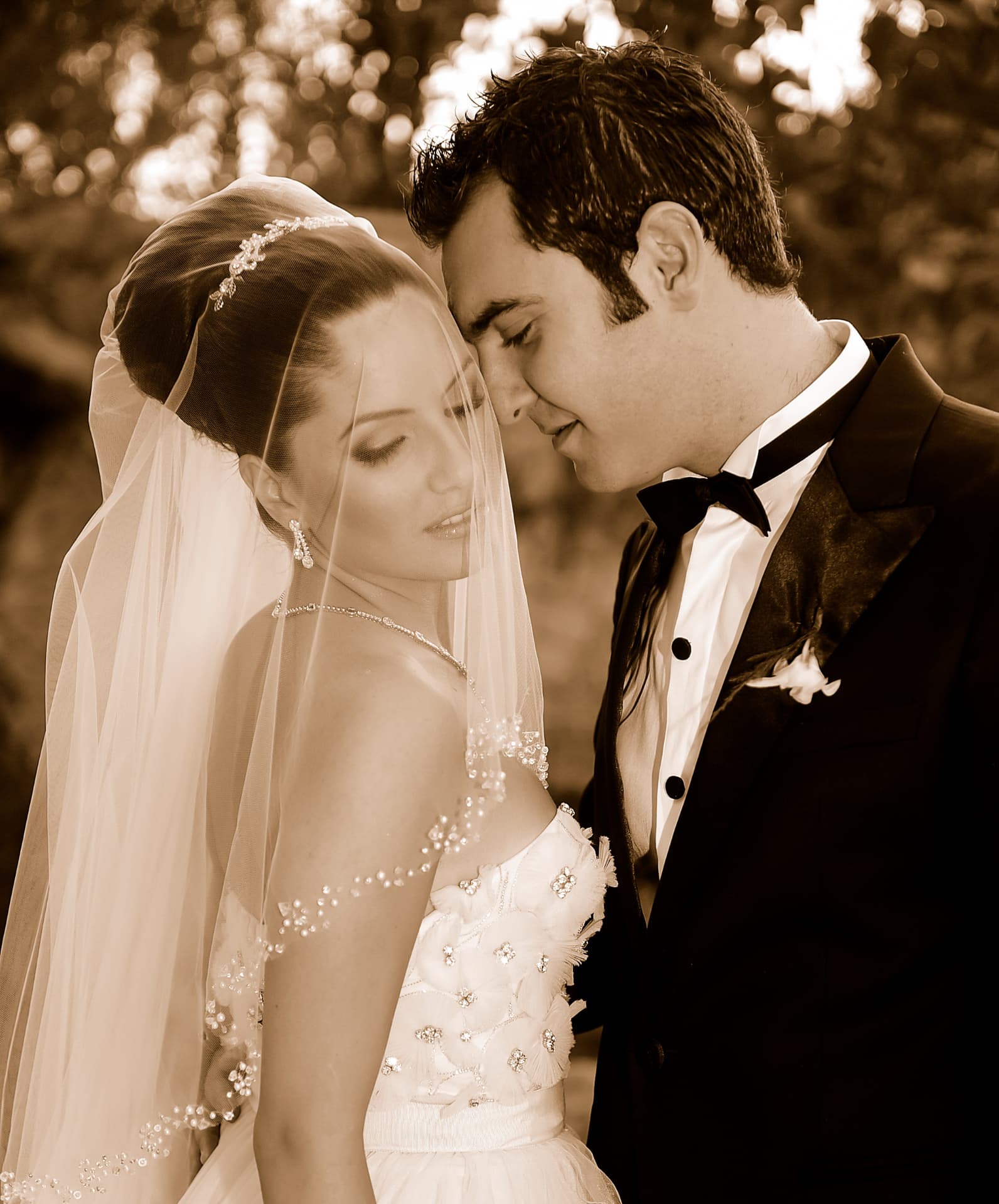 Veiled bride and groom in soft sepia garden light