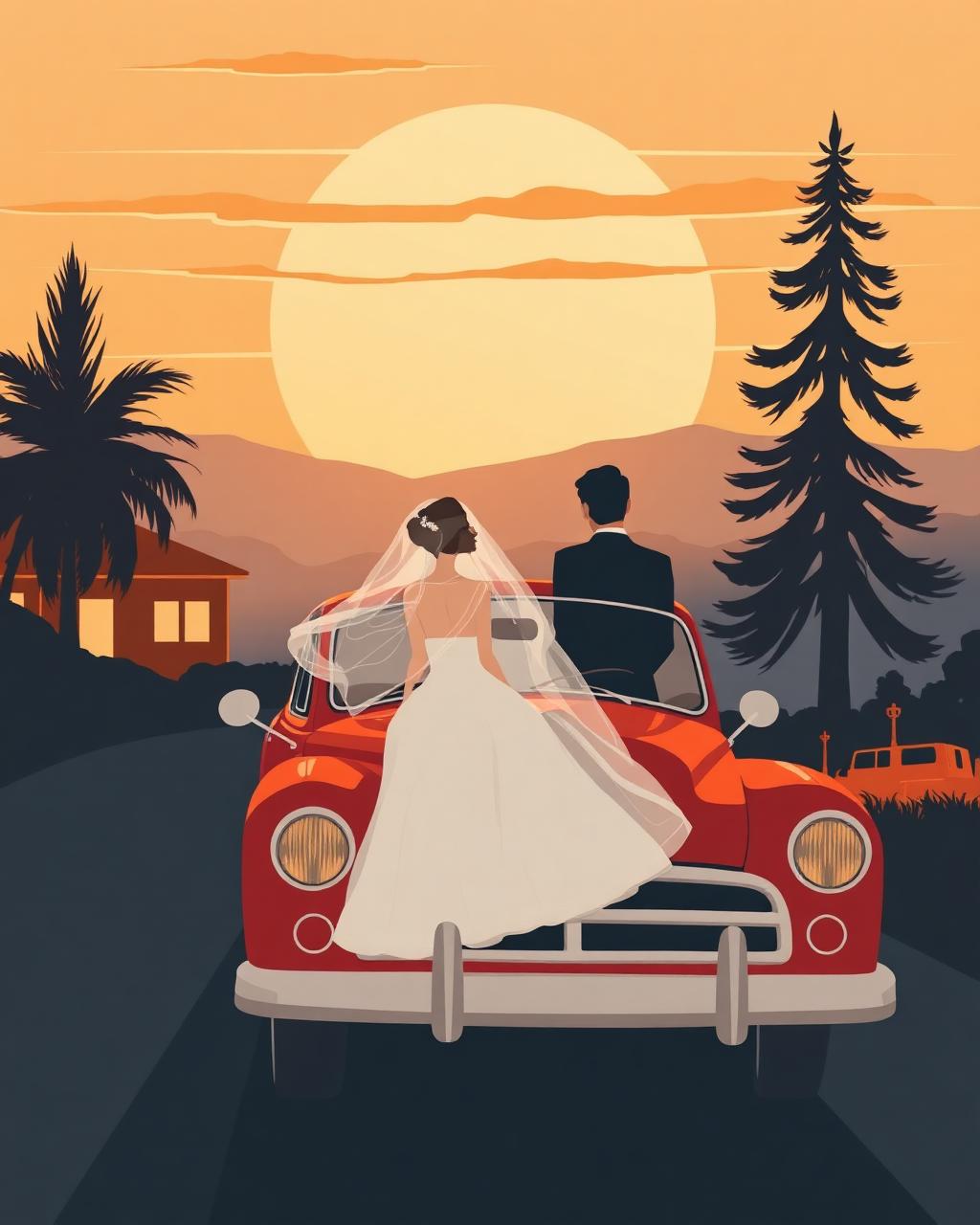 Vintage wedding car at golden hour illustration